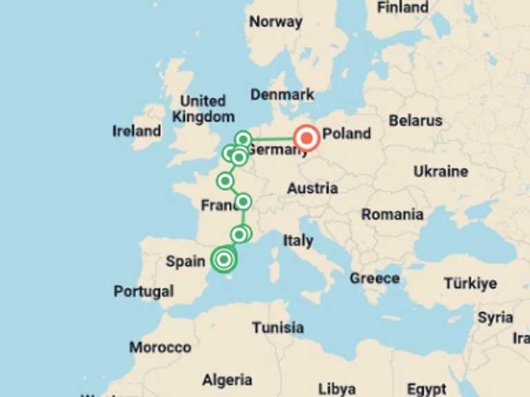 Map of 15-Day Europe Tour with 9 destination visits for the trip: Barcelona to Berlin