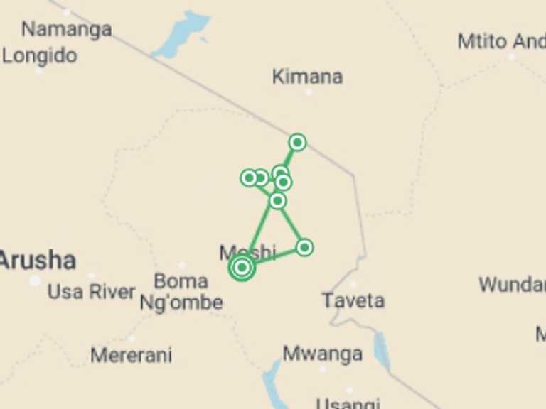 Map itinerary of Moshi Tour in July 2026 with 9 destination visits for the trip: 8 Day Mt. Kilimanjaro Trek (Rongai Route)