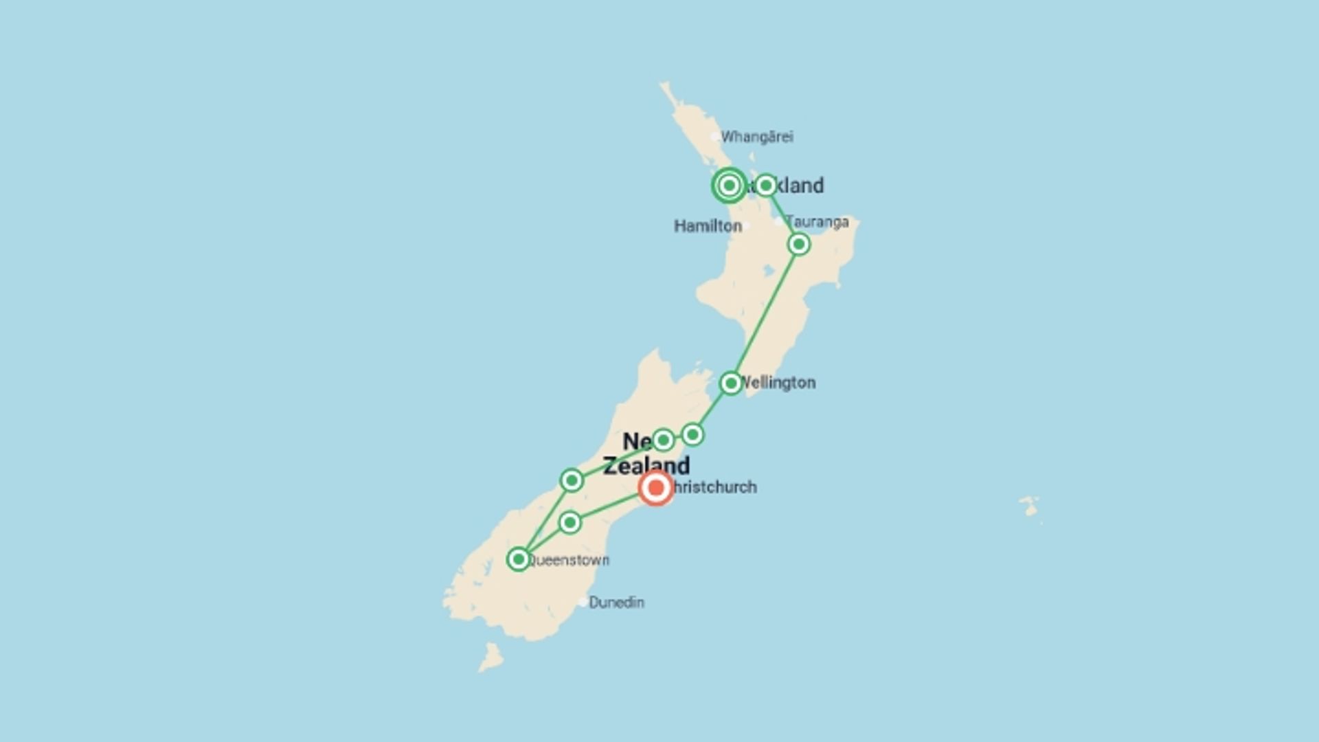 A map showing the tour itinerary for the trip: Highlights of New Zealand, starting in Auckland, New Zealand and ending in Christchurch, New Zealand going through 8 other destinations.