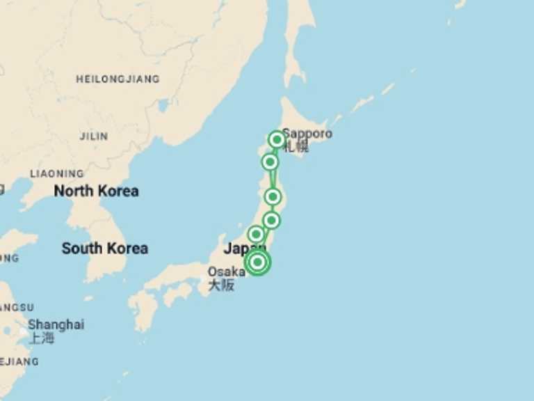Map itinerary of Asia Tour in April 2026 with 6 destination visits for the trip: North Japan