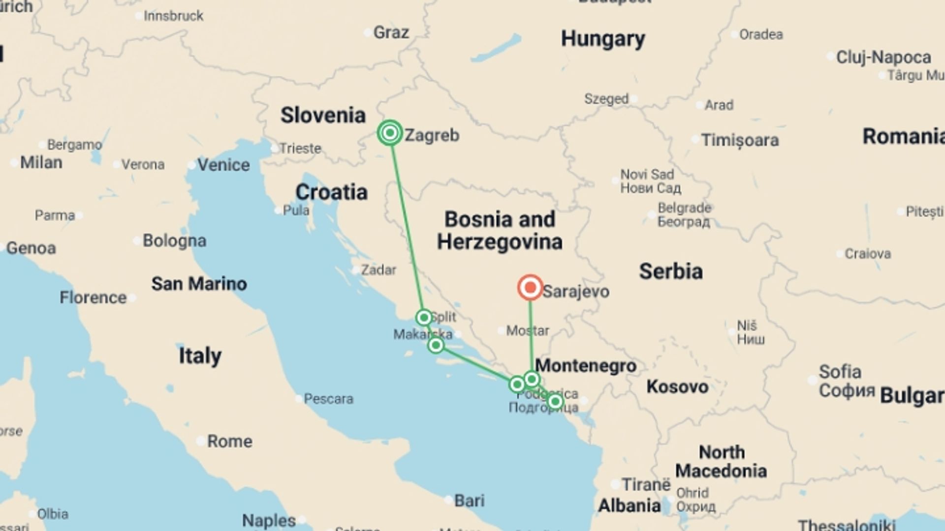 A map showing the tour itinerary for the trip: Journeys: Discover the Balkan Coast, starting in Zagreb, Croatia and ending in Sarajevo, Bosnia Herzegovina going through 5 other destinations.