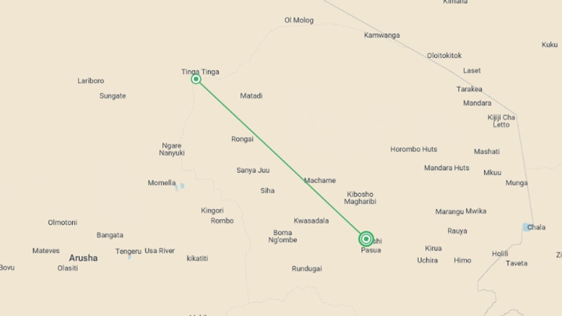 A map showing the tour itinerary for the trip: Maasai Cultural Tours, starting in Moshi, Tanzania and ending in Moshi, Tanzania going through 1 other destinations.