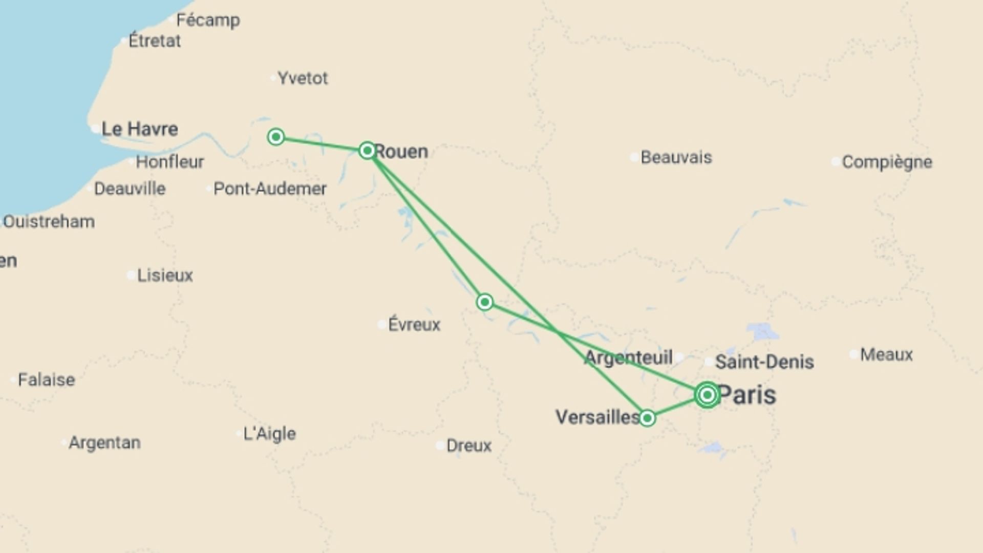 A map showing the tour itinerary for the trip: Paris & Normandy (2027), starting in Paris, France and ending in Paris, France going through 4 other destinations.