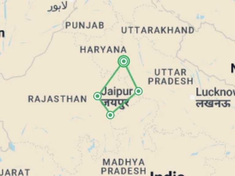 Map of New Delhi Explorer Tour with 4 destination visits for the trip: Golden Triangle with Ranthambore - 9 days