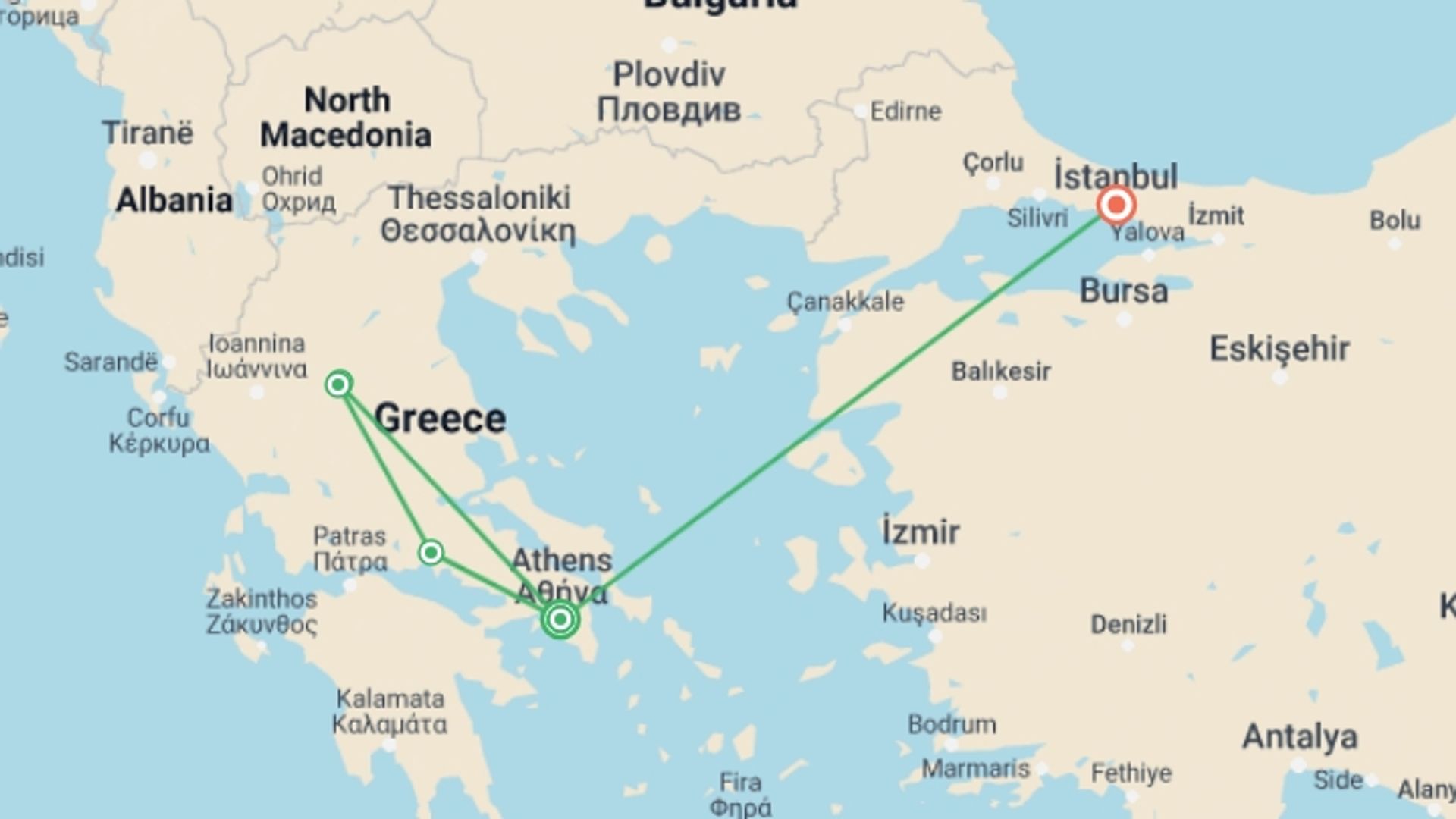 A map showing the tour itinerary for the trip: Essential Greece and Istanbul, starting in Athens, Greece and ending in Istanbul, Turkey going through 1 other destinations.