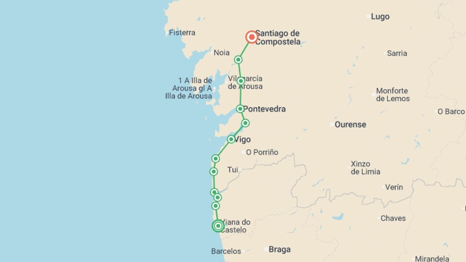A map showing the tour itinerary for the trip: Portuguese Coastal Camino - Viana do Castelo to Santiago, starting in Viana Do Castelo, Portugal and ending in Santiago De Compostela, Spain going through 10 other destinations.