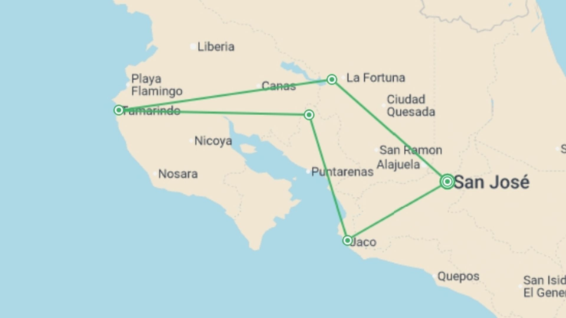 A map showing the tour itinerary for the trip: Viva Costa Rica, starting in San Jose, Costa Rica and ending in San Jose, Costa Rica going through 4 other destinations.