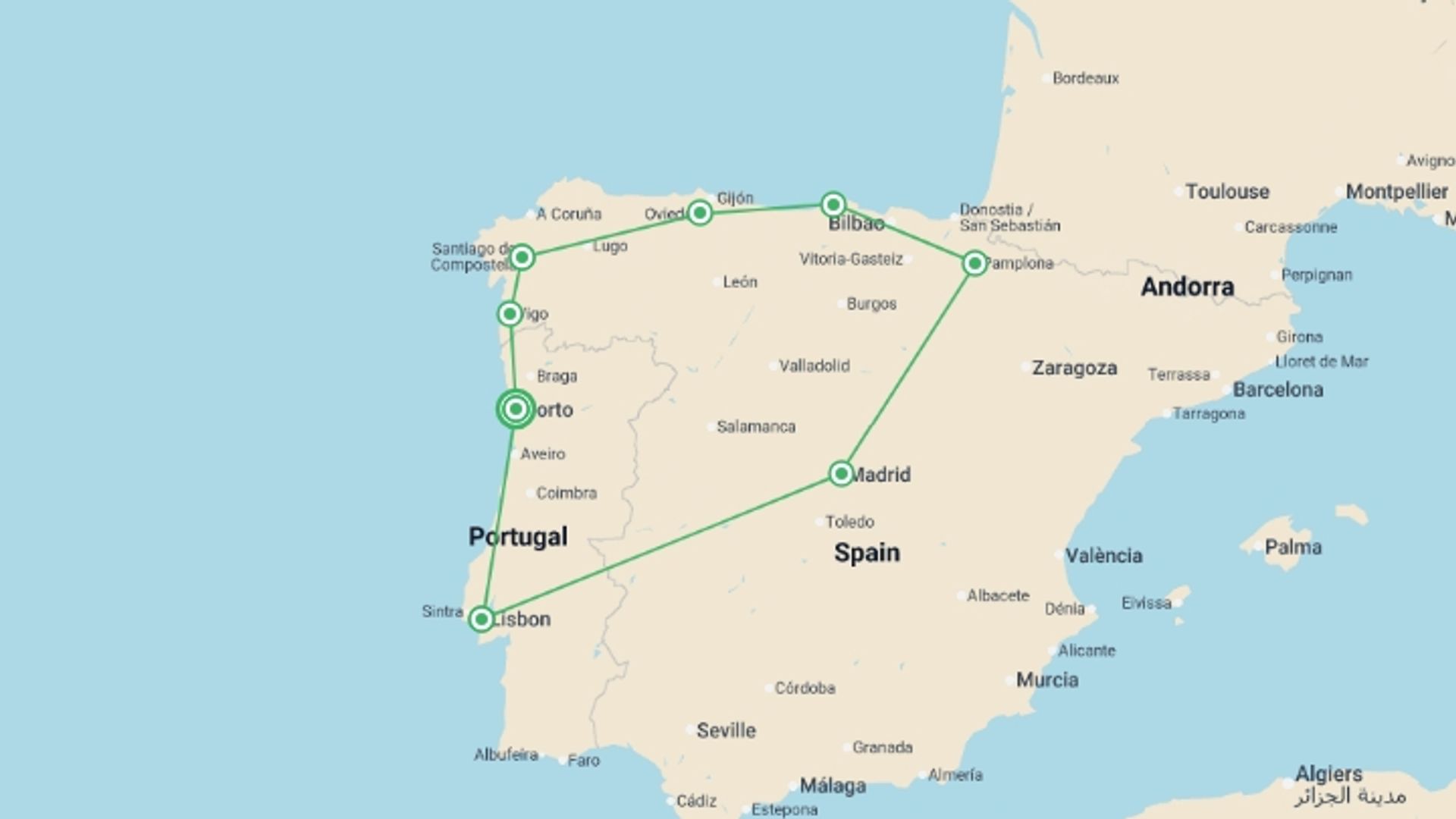 A map showing the tour itinerary for the trip: Northern Spain & Lisbon From Porto - 12 days, starting in Porto, Portugal and ending in Porto, Portugal going through 7 other destinations.