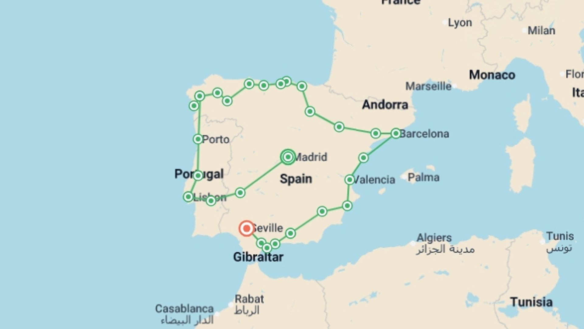 A map showing the tour itinerary for the trip: Great Iberian Tour end Seville, starting in Madrid, Spain and ending in Seville, Spain going through 9 other destinations.
