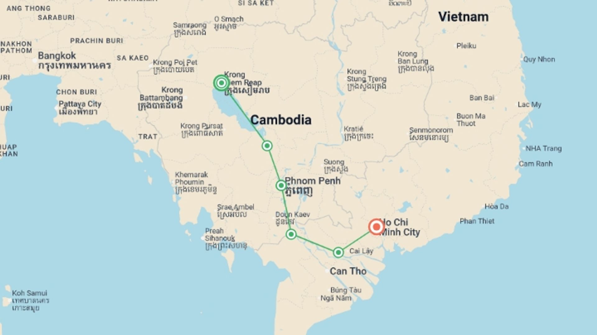 A map showing the tour itinerary for the trip: The Mekong in a different way - Between adventure and must-see sites (port-to-port cruise), starting in Siem Reap, Cambodia and ending in Ho Chi Minh City, Vietnam going through 4 other destinations.