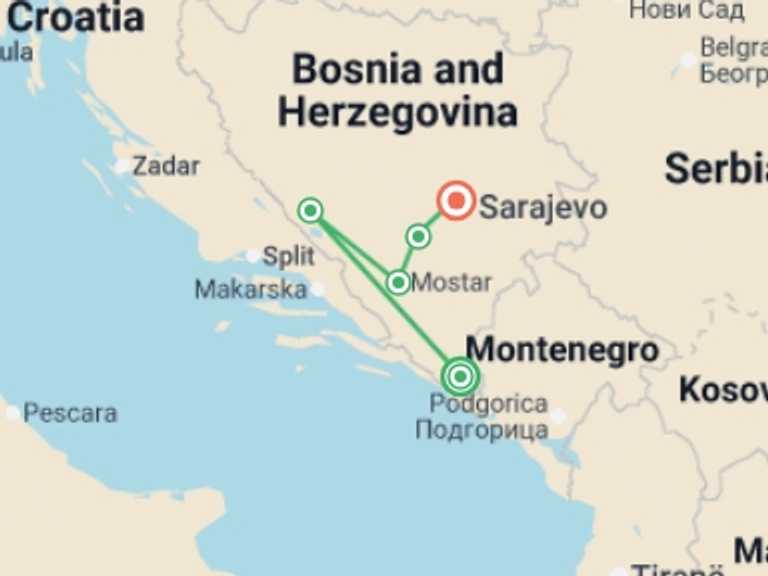Map of Bosnia Herzegovina Tour with 5 destination visits for the trip: Bosnia and Herzegovina: Wild Horses & City Sights