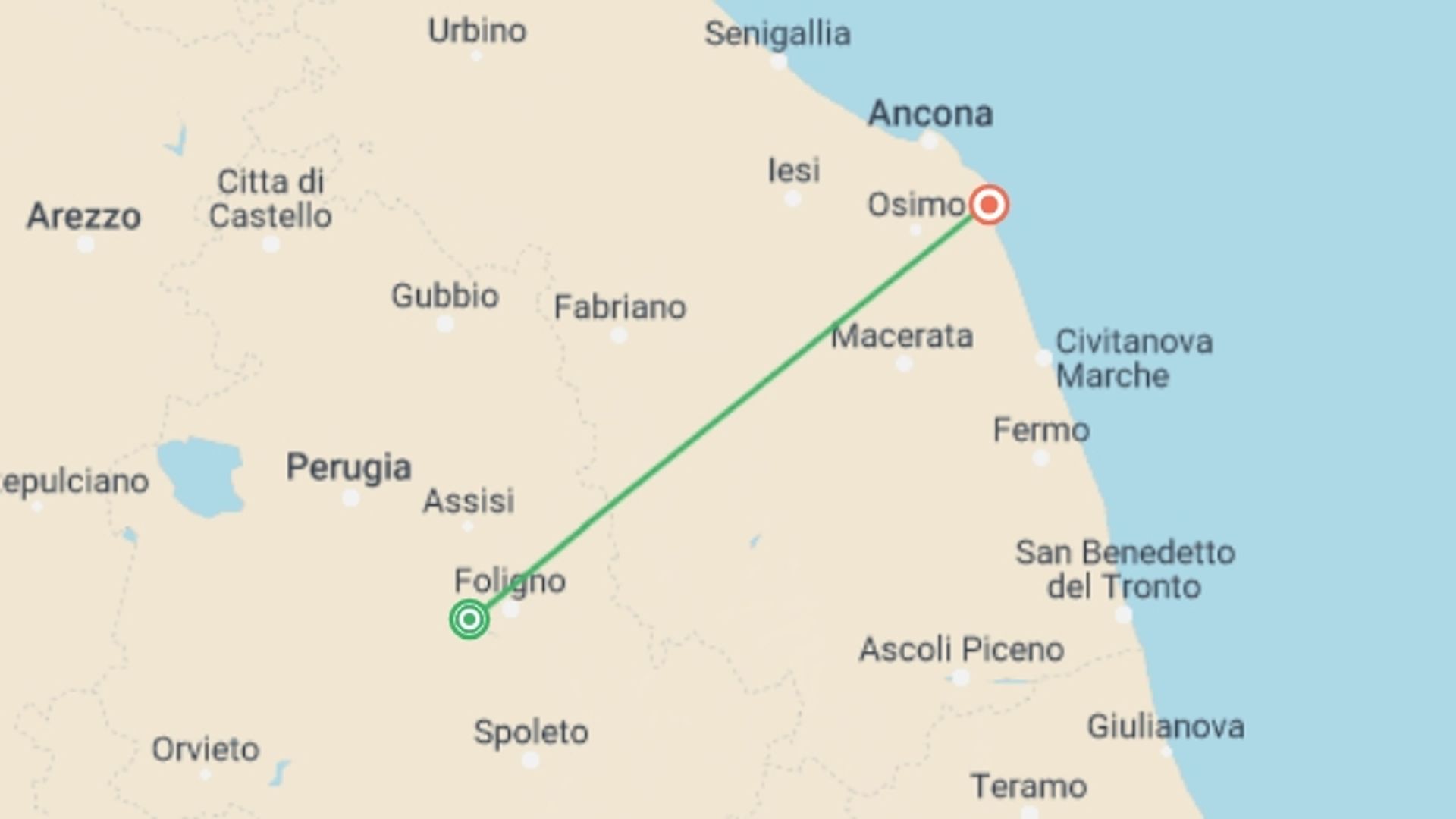 A map showing the tour itinerary for the trip: Unseen Central Italy: Marche Explorer, starting in Umbria & Marche, Italy and ending in Sirolo, Italy going through 3 other destinations.