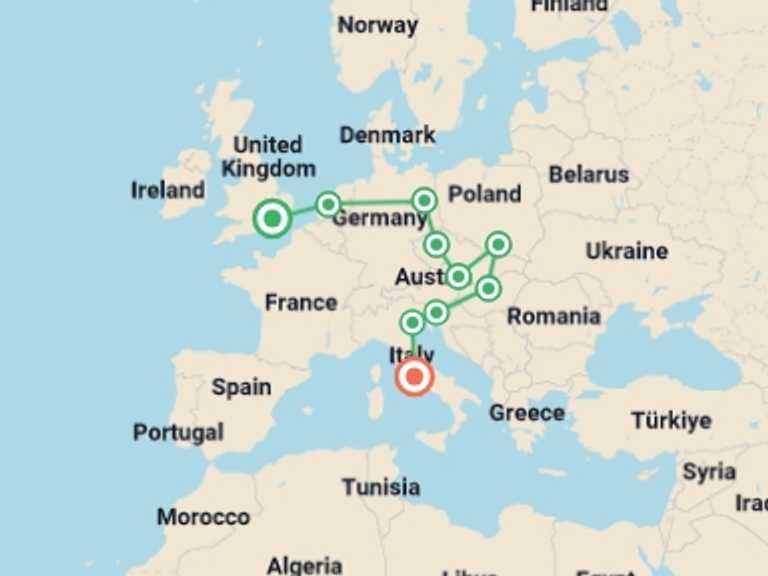 Map itinerary of London Tour in January 2027 with 10 destination visits for the trip: London to Rome Trail