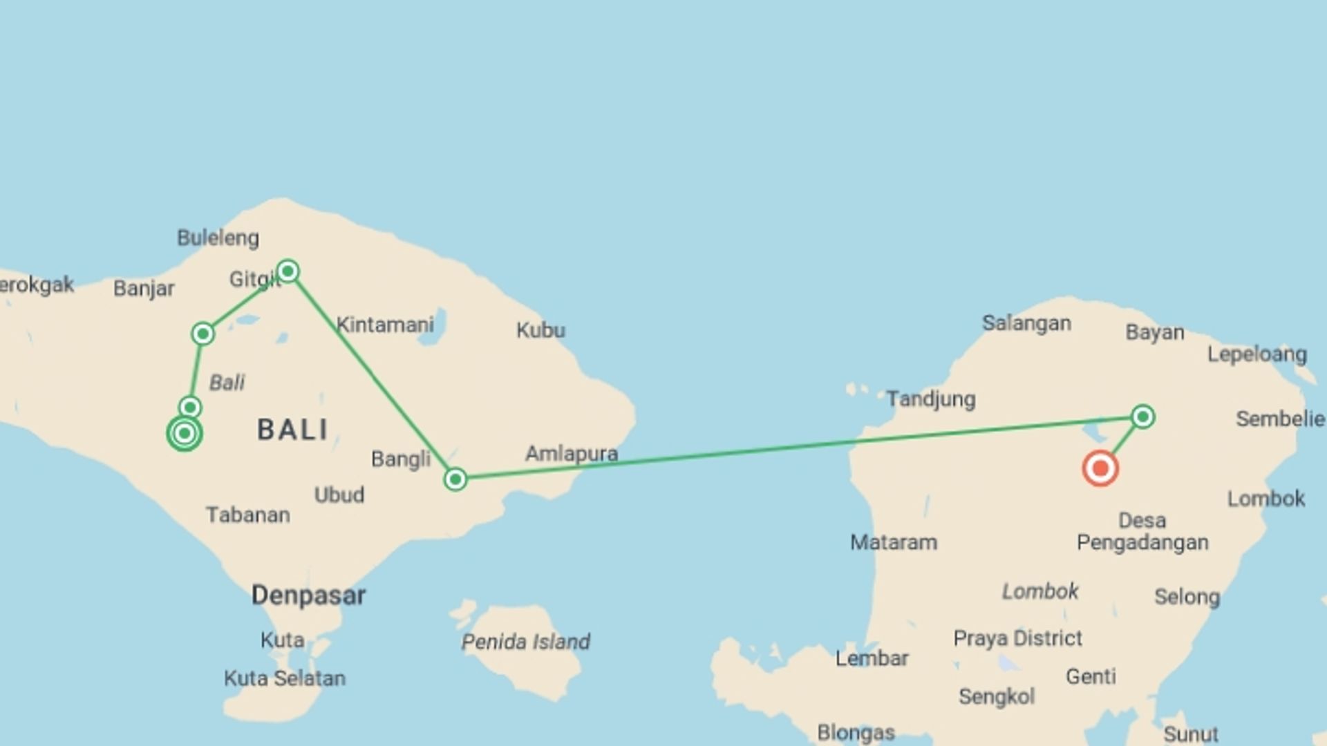 A map showing the tour itinerary for the trip: Walking in Bali and Lombok, starting in Belimbing, Indonesia and ending in Tetebatu, Indonesia going through 6 other destinations.