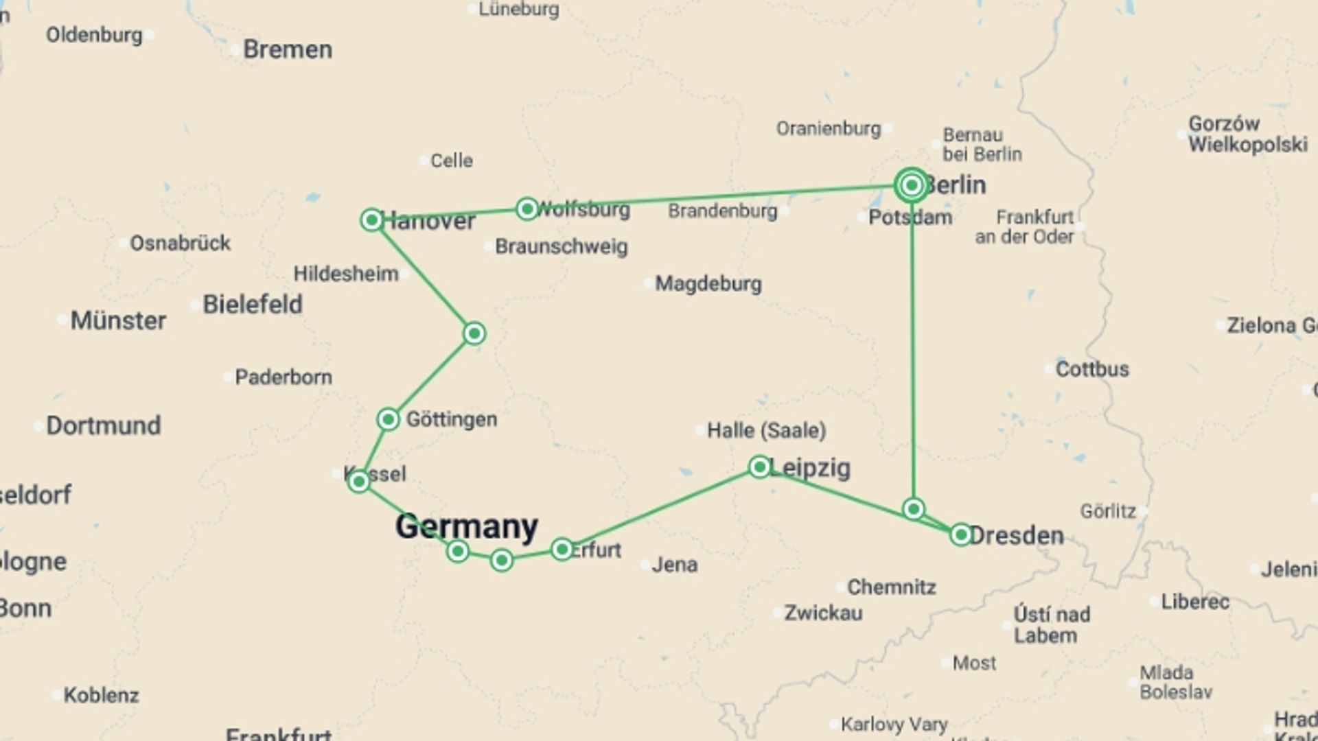 A map showing the tour itinerary for the trip: Adventure in the Heart of Germany, starting in Berlin, Germany and ending in Berlin, Germany going through 3 other destinations.