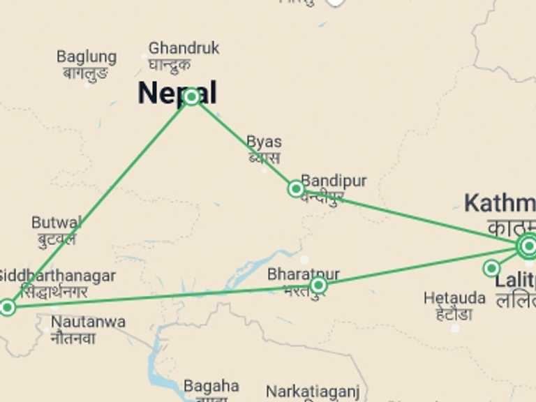 Map itinerary of Nepal Tour in Winter with 6 destination visits for the trip: Nepal Adventure & Culture Tour