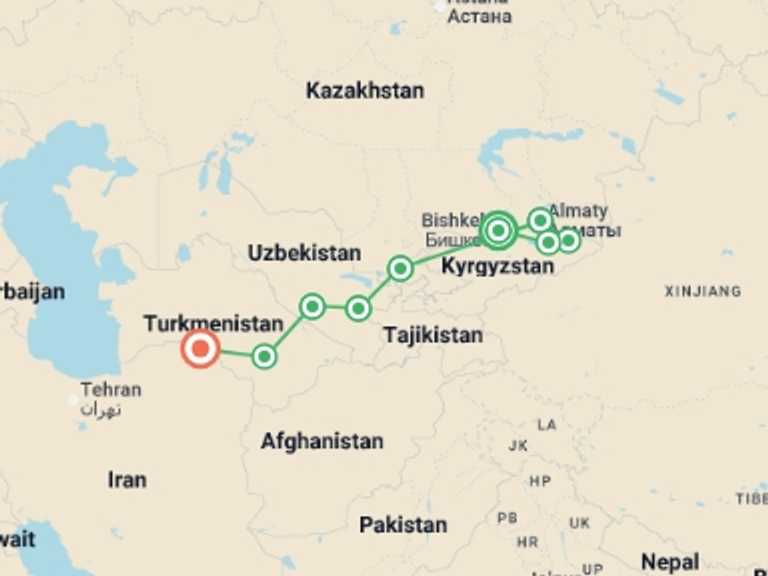 Map itinerary of Bukhara Tour in August 2027 with 9 destination visits for the trip: Highlights of Central Asia