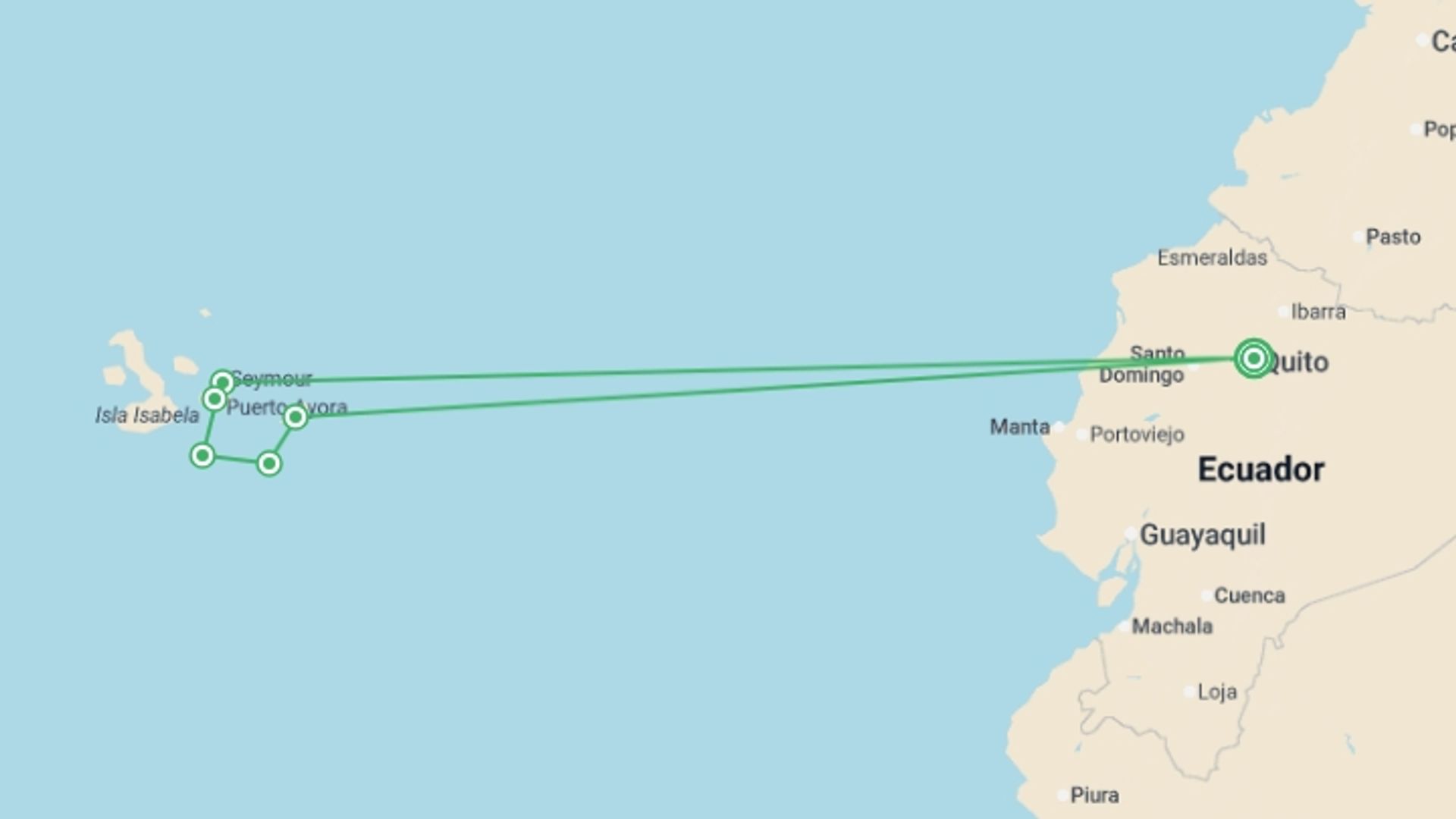 A map showing the tour itinerary for the trip: Highlights of Quito and Galapagos Cruise, starting in Quito, Ecuador and ending in Quito, Ecuador going through 4 other destinations.