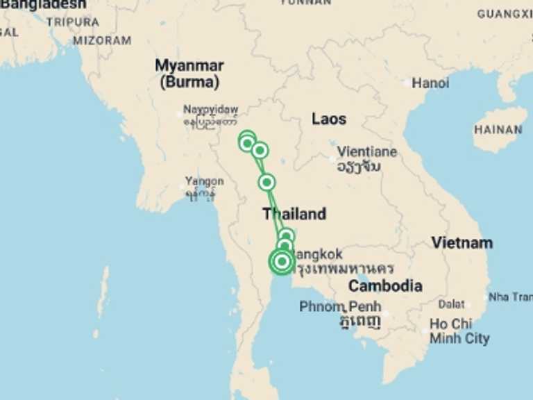 Map of Thailand Tour with 5 destination visits for the trip: Bangkok And Ancient Capitals, Private Tour