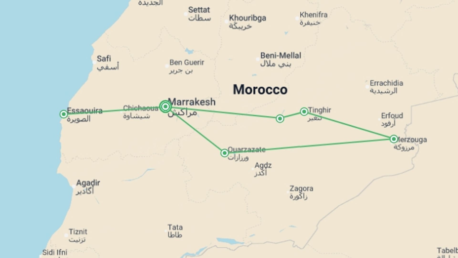 A map showing the tour itinerary for the trip: New Year's in Morocco - 11 Days, starting in Marrakech, Morocco and ending in Marrakech, Morocco going through 5 other destinations.