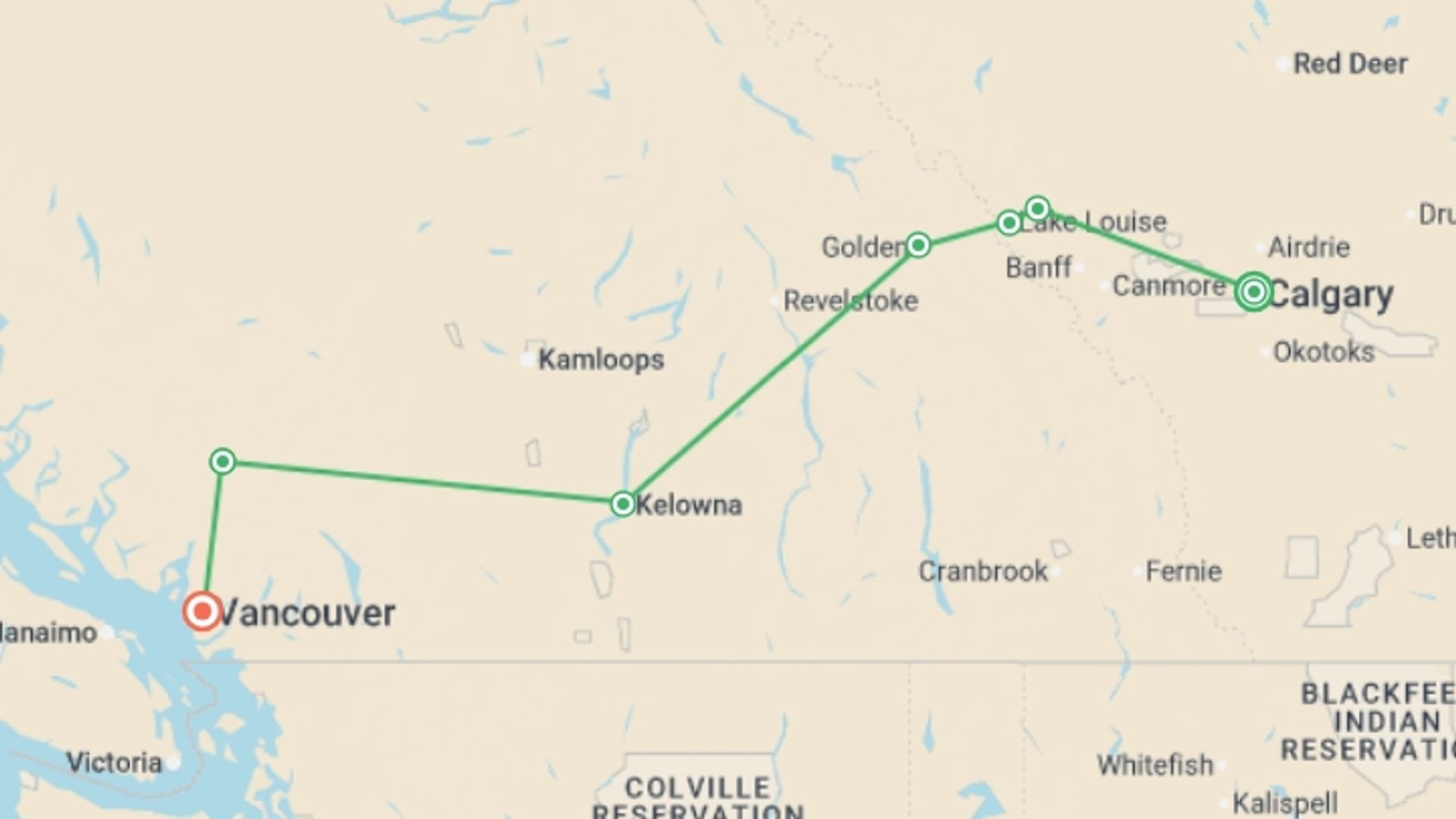 A map showing the tour itinerary for the trip: Canadian Rockies Express, starting in Calgary, Canada and ending in Vancouver, Canada going through 4 other destinations.