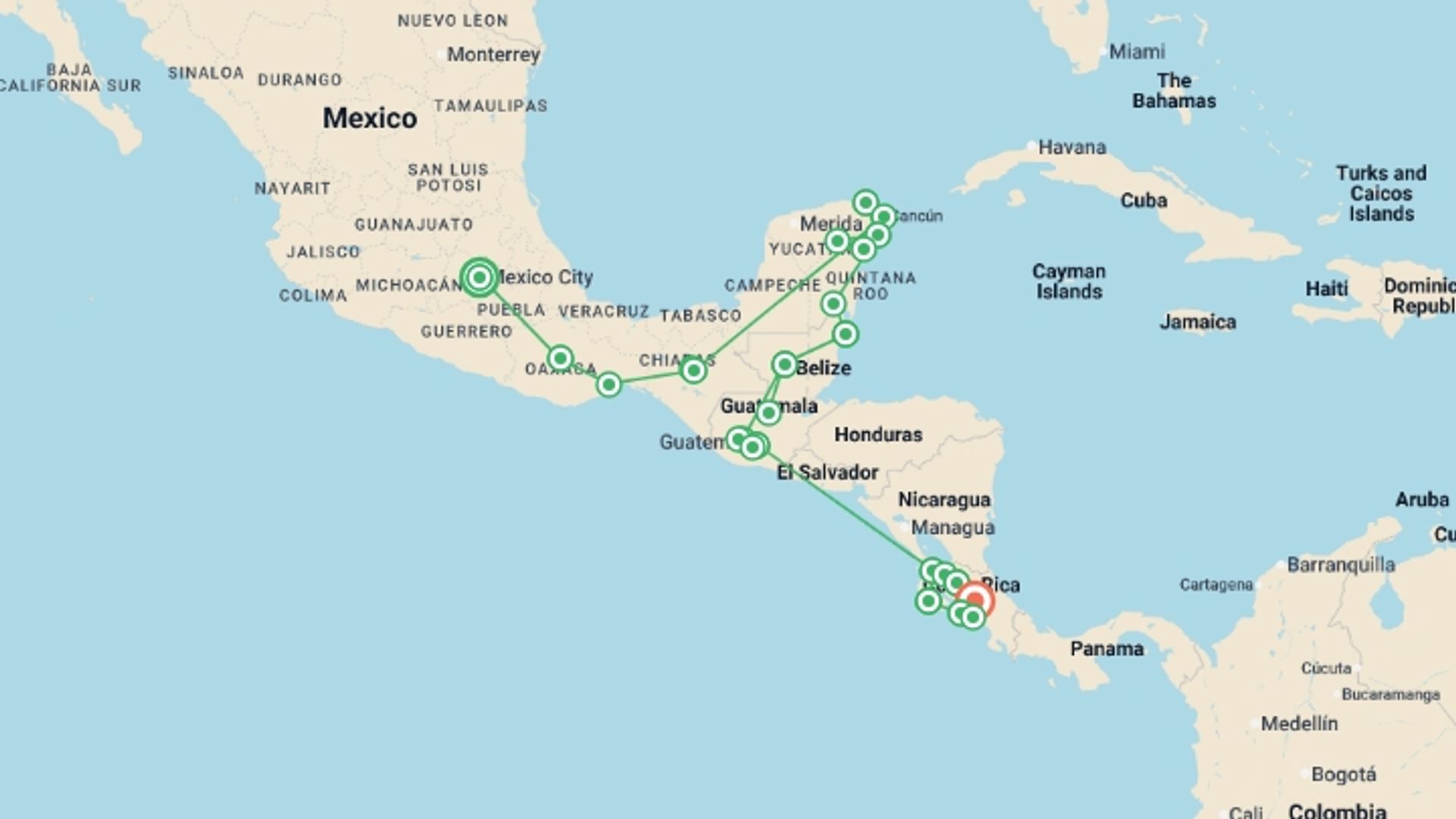 A map showing the tour itinerary for the trip: Central America Expedition  - 40 days, starting in Mexico City, Mexico and ending in San Jose, Costa Rica going through 19 other destinations.
