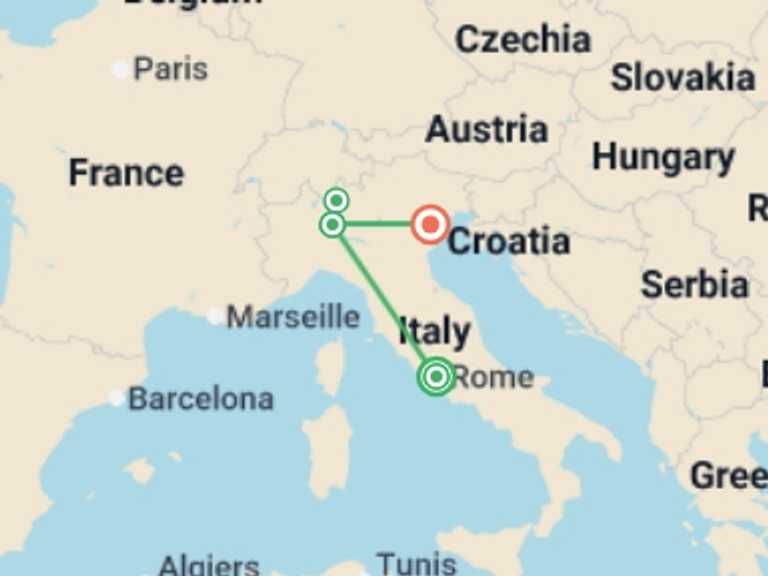 Map of Italy Tour with 4 destination visits for the trip: Rome, Milan & Lake Como Discovery