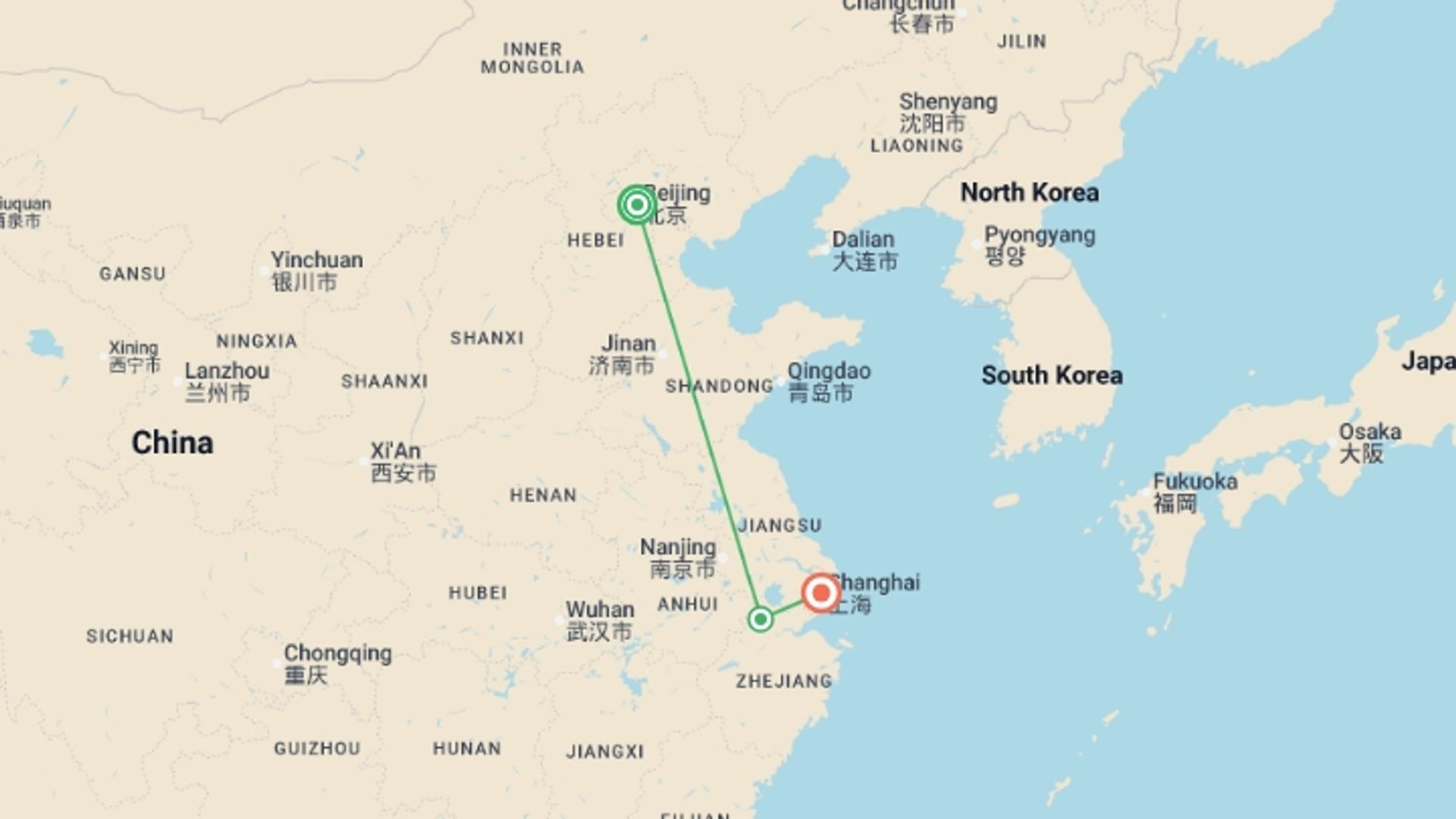 A map showing the tour itinerary for the trip: Beijing to Shanghai Express, starting in Beijing, China and ending in Shanghai, China going through 1 other destinations.