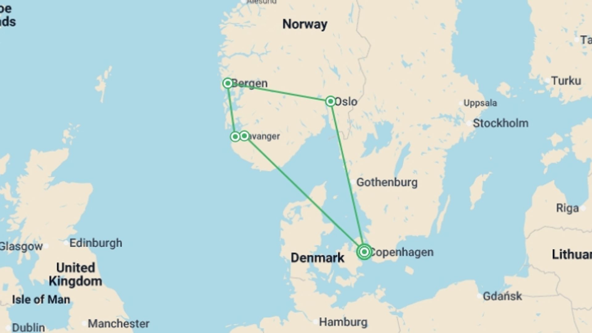 A map showing the tour itinerary for the trip: Copenhagen to the Fjords - 10 days , starting in Copenhagen, Denmark and ending in Copenhagen, Denmark going through 4 other destinations.