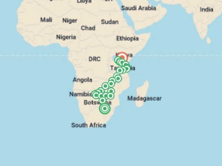 Map itinerary of Arusha Tour in August 2027 with 26 destination visits for the trip: Johannesburg to Kenya