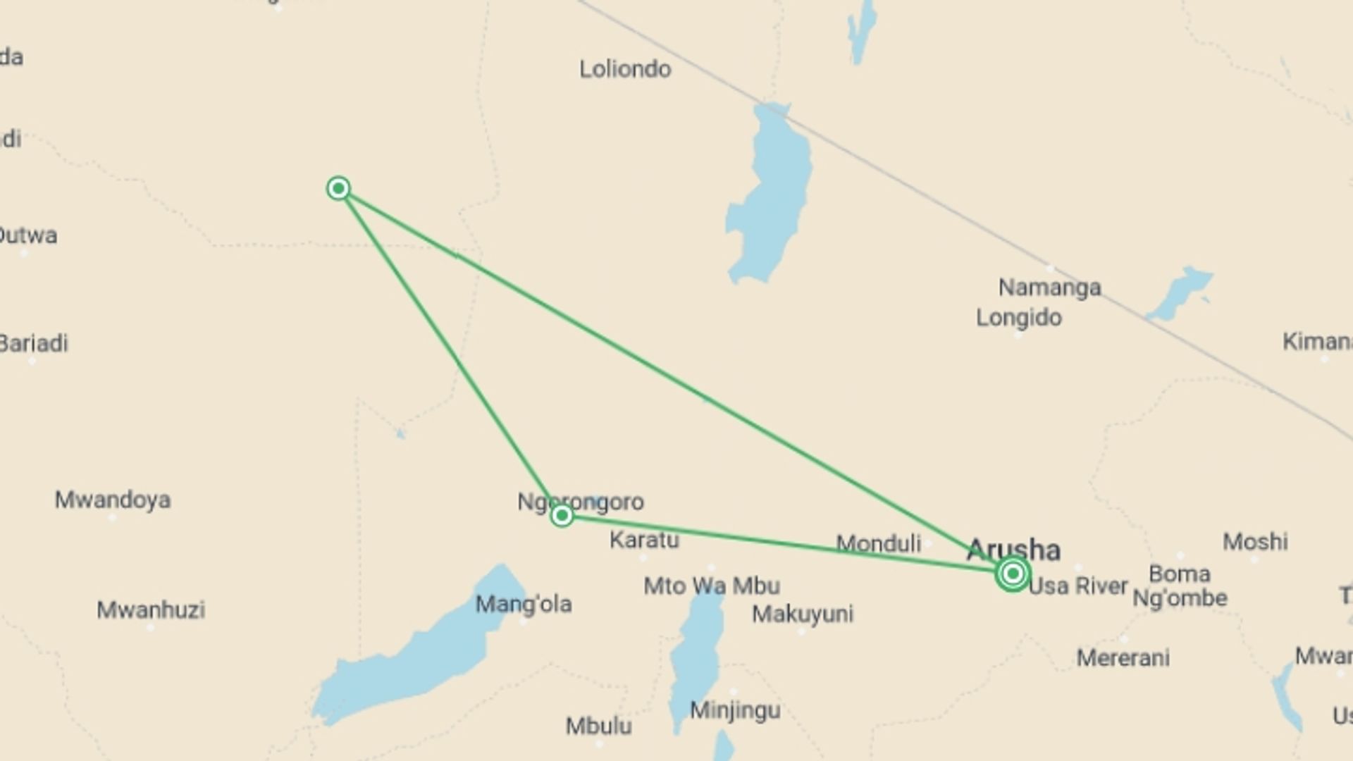 A map showing the tour itinerary for the trip: 3 Days Camping Safari, starting in Arusha, Tanzania and ending in Arusha, Tanzania going through 2 other destinations.