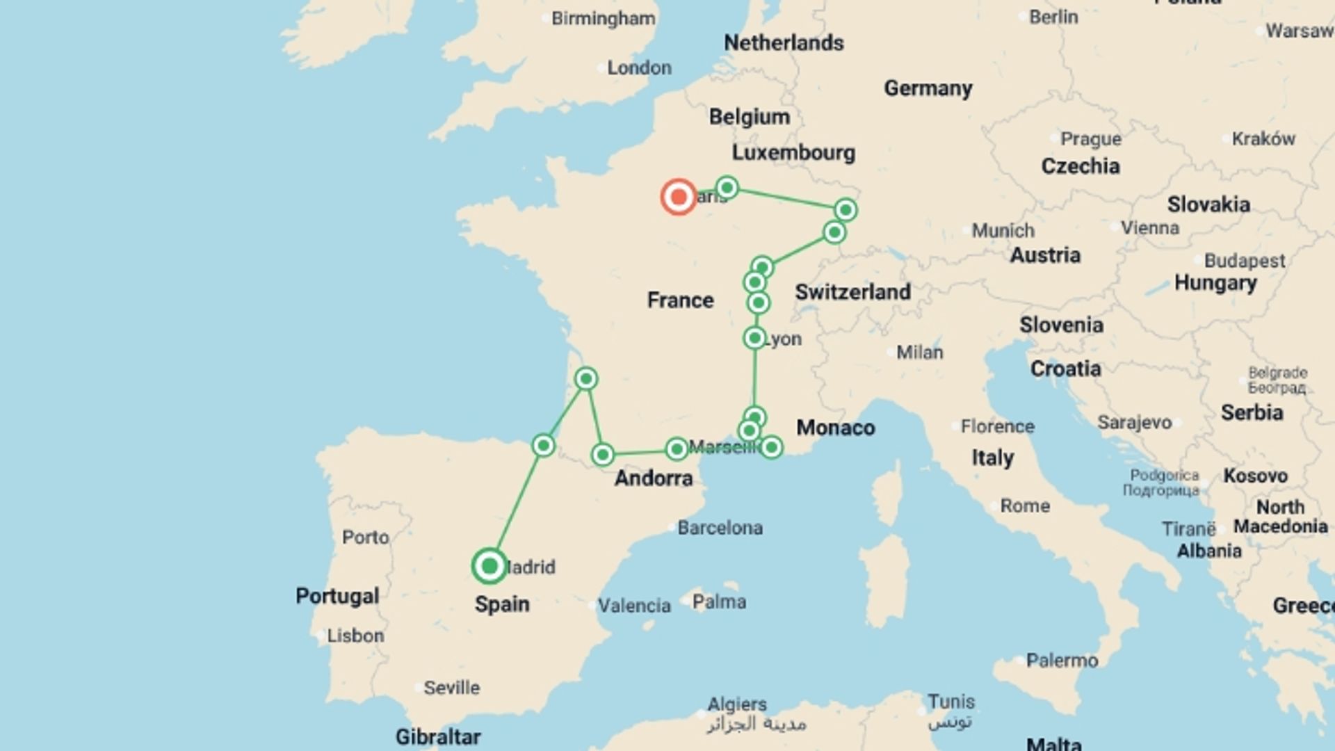 A map showing the tour itinerary for the trip: Spain, south of France, Burgundy and Alsace, starting in Madrid, Spain and ending in Paris, France going through 6 other destinations.