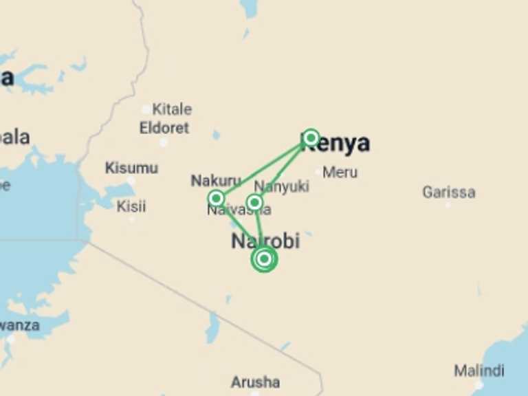 Map of 7-Day Nairobi Tour with 6 destination visits for the trip: 7 Day Explorer Safari in Kenya