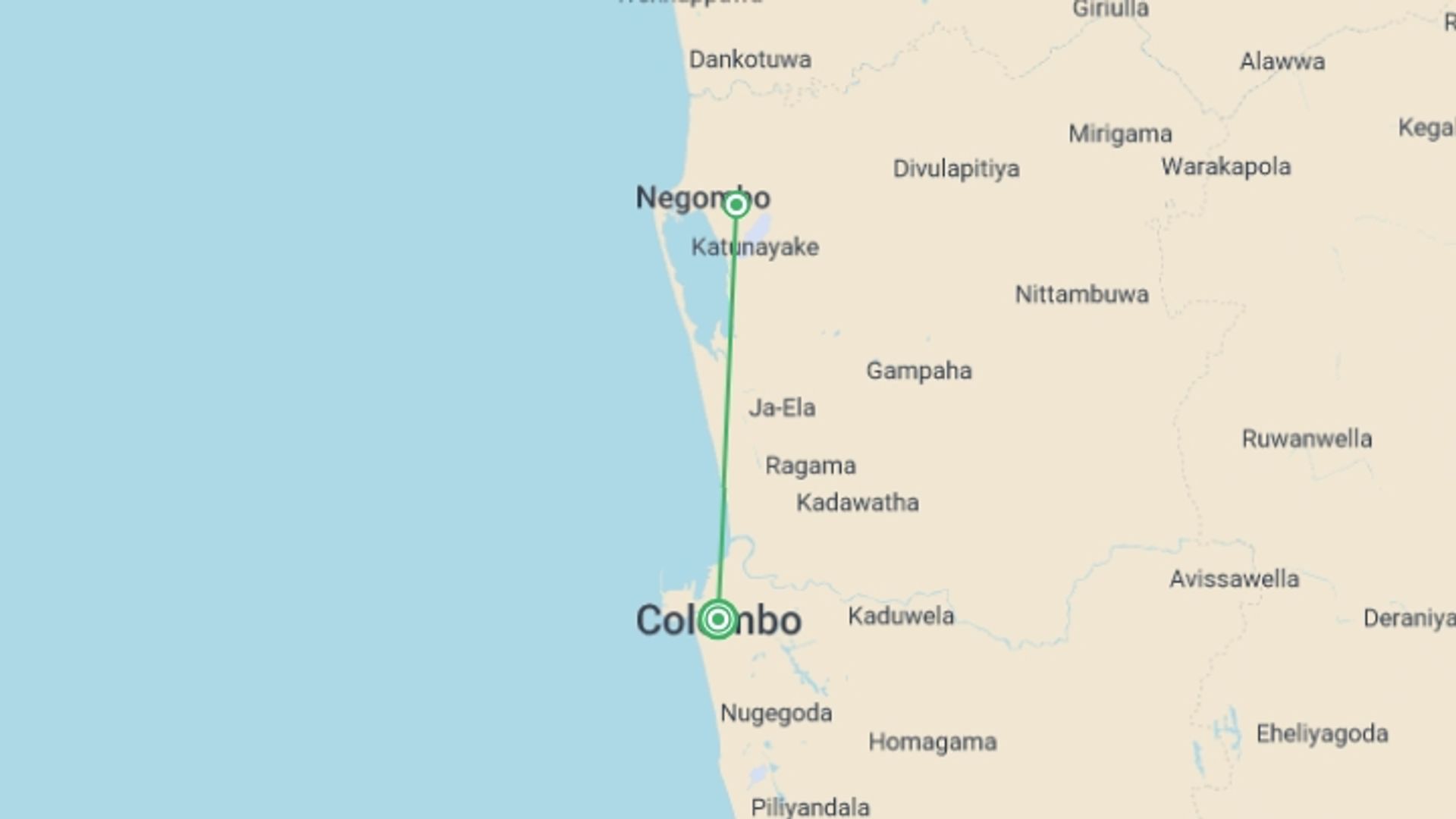 A map showing the tour itinerary for the trip: City Break, Escape To Negombo, starting in Colombo, Sri Lanka and ending in Colombo, Sri Lanka going through 1 other destinations.