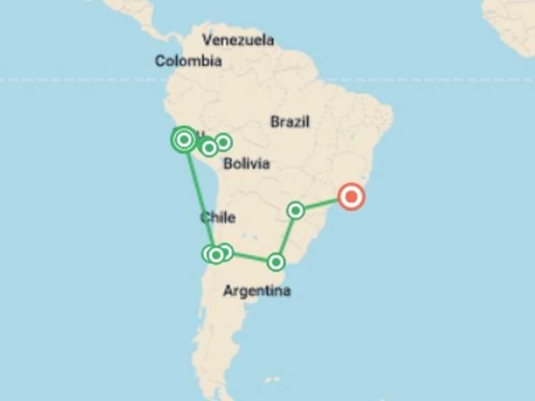 Map itinerary of South America Tour in March 2026 with 12 destination visits for the trip: Premium Highlights of South America