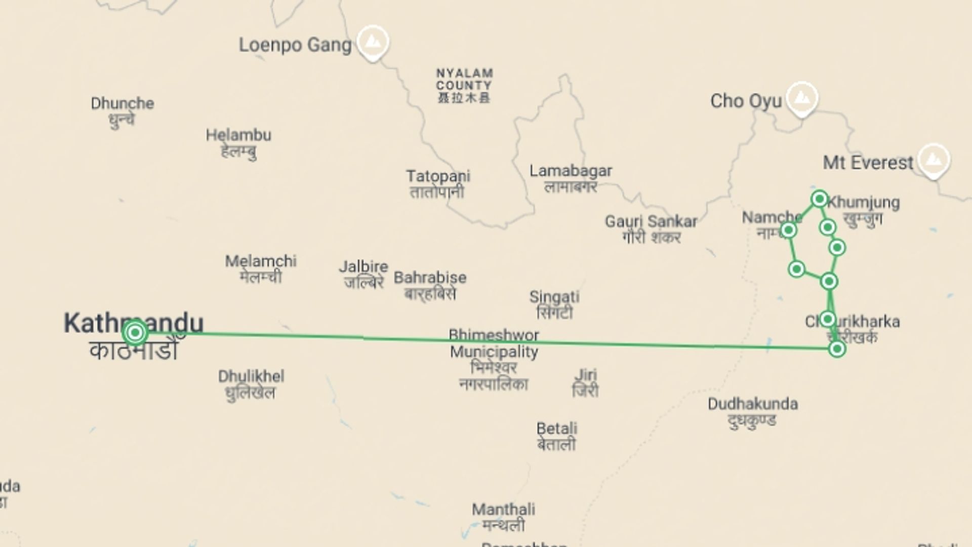 A map showing the tour itinerary for the trip: Gokyo Renjo La Pass Trek, starting in Kathmandu, Nepal and ending in Kathmandu, Nepal going through 9 other destinations.