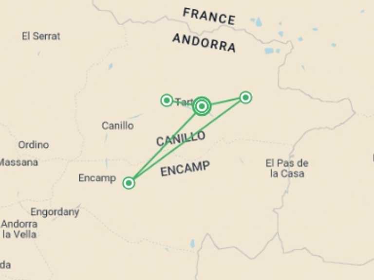 Map itinerary of Europe Tour in June 2027 with 4 destination visits for the trip: Andorra: Hike, Bike & Raft