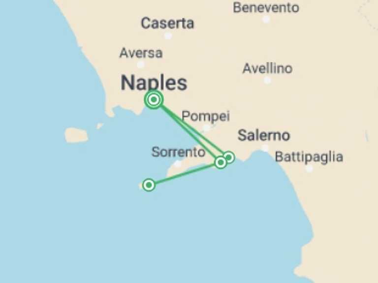 Map of Naples Sightseeing Tour with 4 destination visits for the trip: Paths of the Amalfi Coast