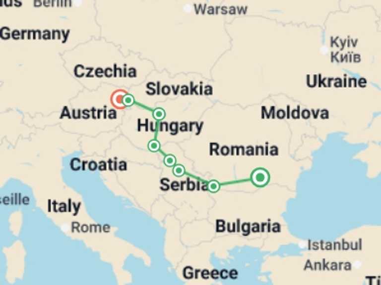Map of Europe Explorer Tour with 8 destination visits for the trip: Complete Danube Cities – FIDELIO Standard