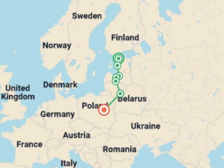 Map of a City sightseeing Tour with 4 destination visits for the trip: Stunning Baltics End Warsaw
