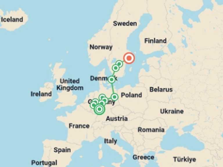 Map of Europe Art and architecture Tour with 6 destination visits for the trip: German Trek End Stockholm