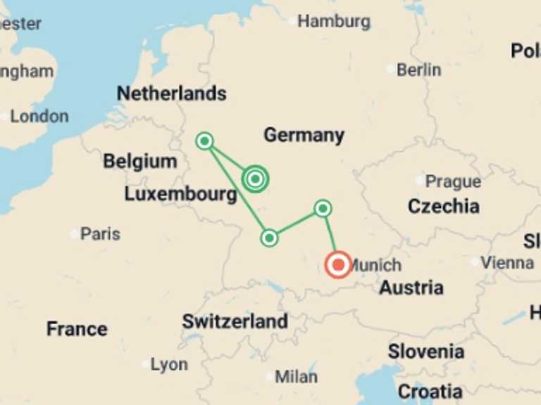 Map of Europe Tour with 5 destination visits for the trip: German Christmas Markets