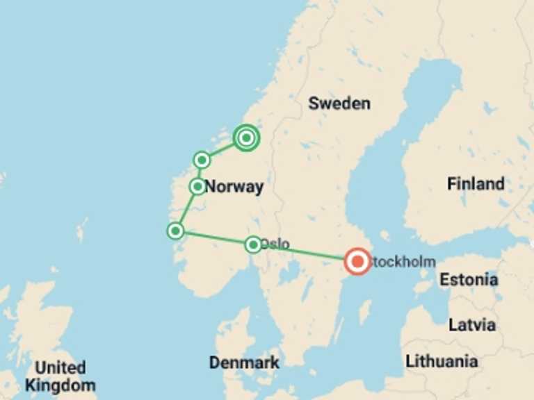Map of Europe Tour with 6 destination visits for the trip: The beautiful Norway End Stockholm