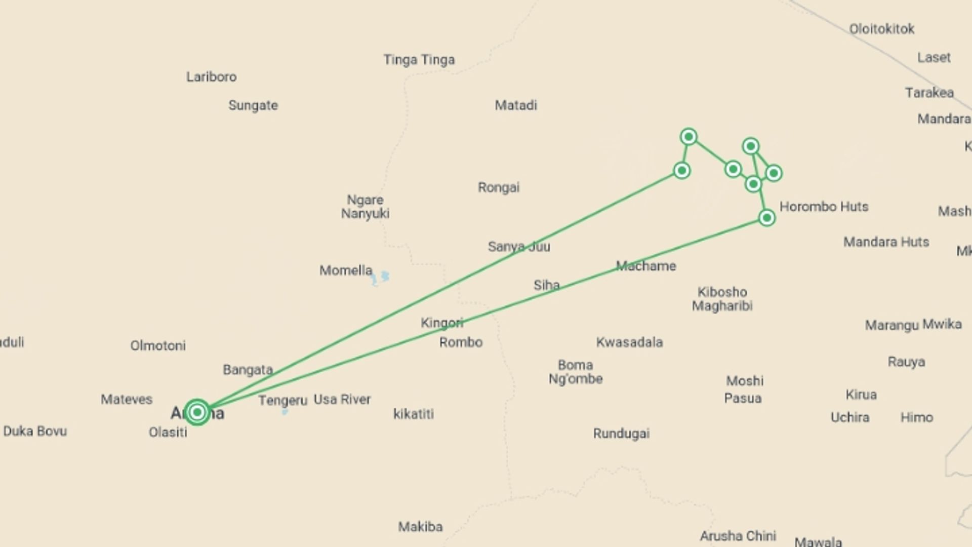 A map showing the tour itinerary for the trip: 7 Days Mount Kilimanjaro Climbing Machame Route, starting in Arusha, Tanzania and ending in Arusha, Tanzania going through 7 other destinations.