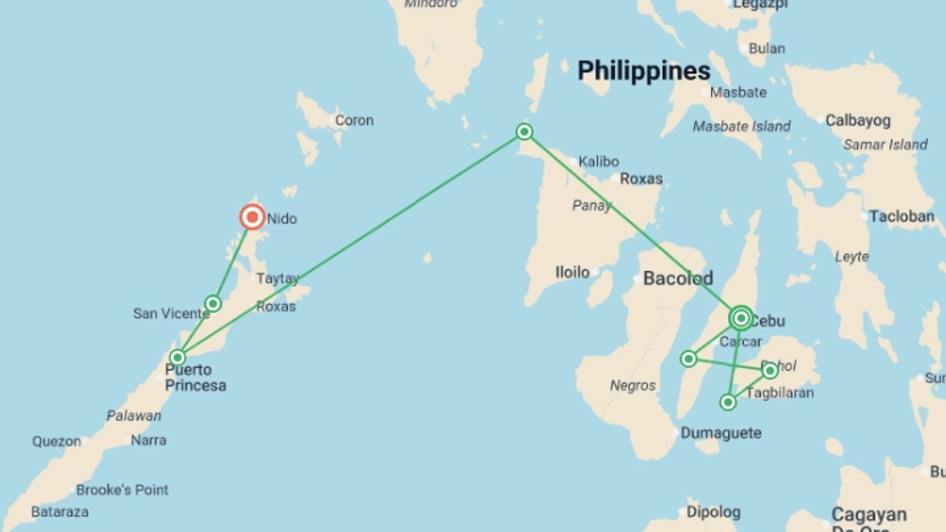 A map showing the tour itinerary for the trip: Ultimate Philippines Island Hopping, starting in Cebu, Philippines and ending in El Nido, Philippines going through 6 other destinations.