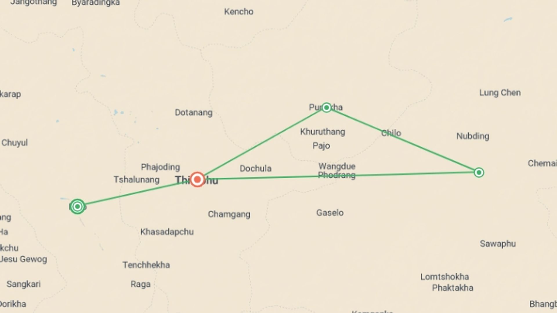A map showing the tour itinerary for the trip: Bhutan Cultural Premium Tour: Shangrila's Delight, starting in Paro, Bhutan and ending in Thimphu, Bhutan going through 2 other destinations.