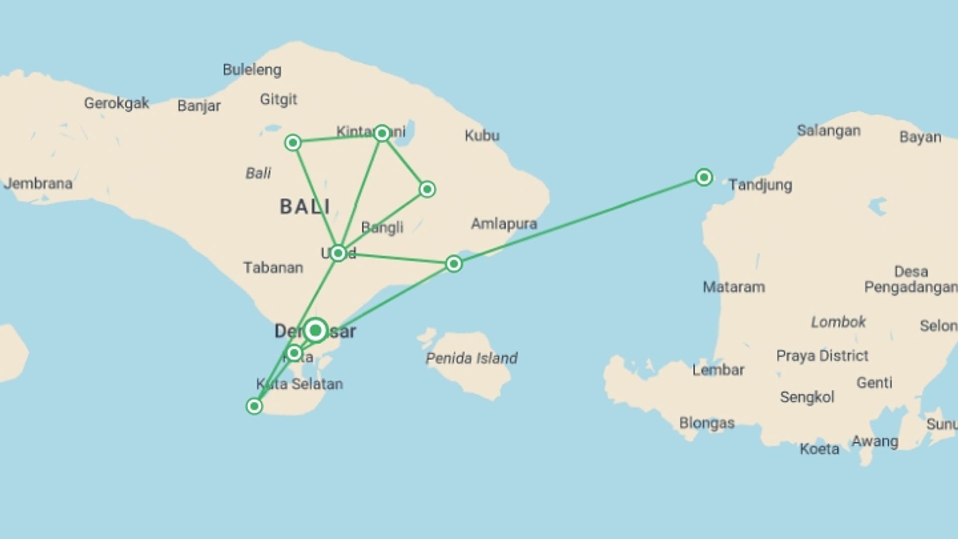 A map showing the tour itinerary for the trip: Bali & Gili Highlight, Private Tour, starting in Denpasar, Indonesia and ending in Denpasar, Indonesia going through 4 other destinations.