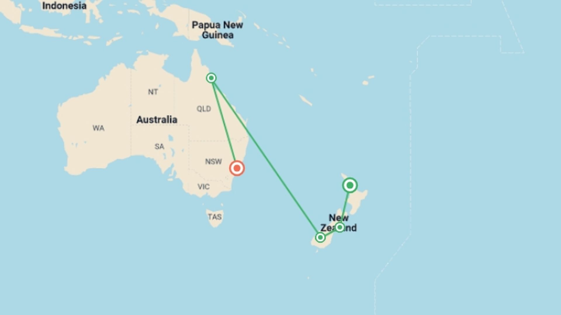 A map showing the tour itinerary for the trip: South Pacific Wonders including New Zealand's North Island, starting in Auckland, New Zealand and ending in Sydney, Australia going through 2 other destinations.