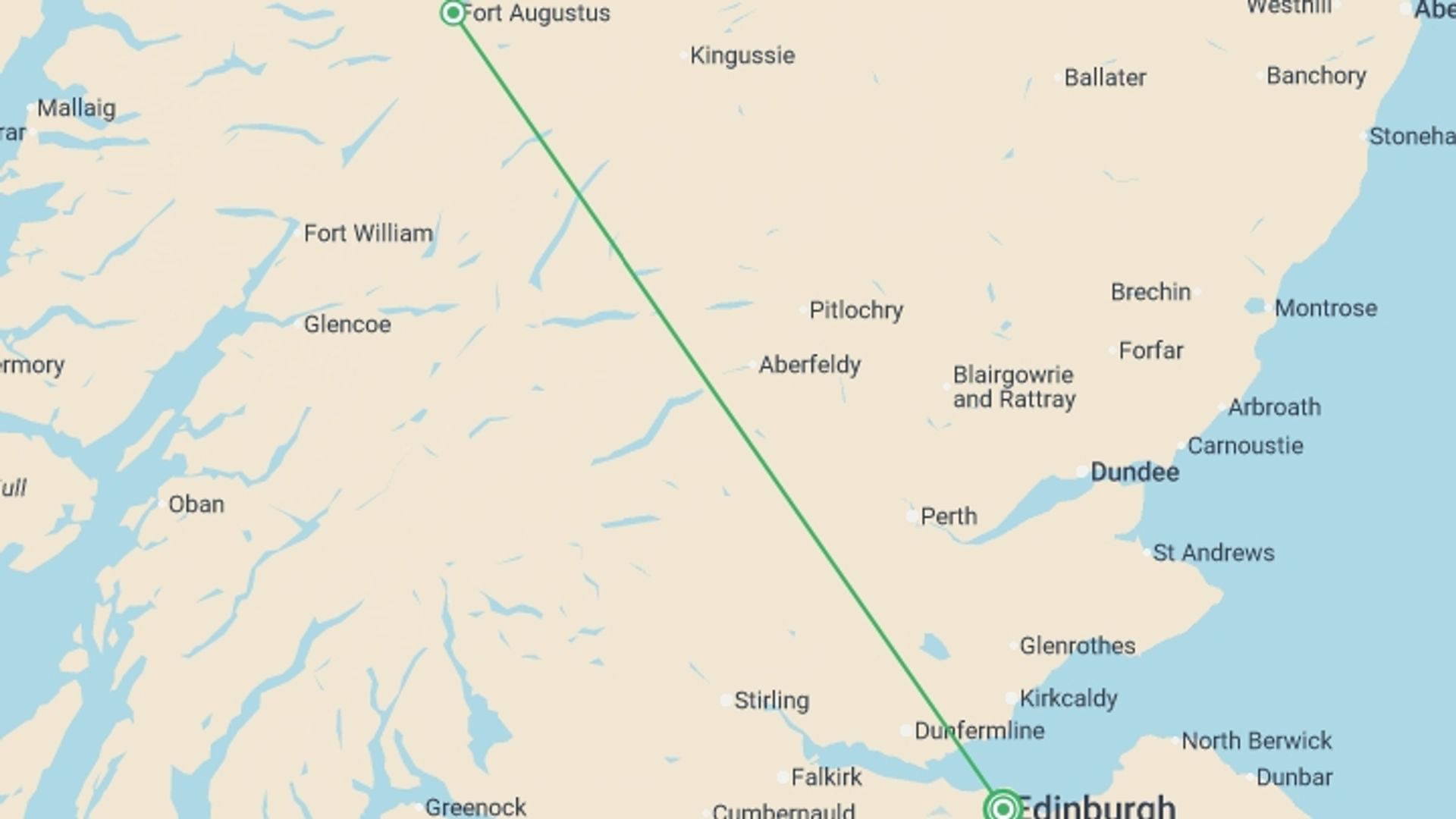 A map showing the tour itinerary for the trip: Jacobite Steam Train Express - 2 days, starting in Edinburgh, Scotland and ending in Edinburgh, Scotland going through 1 other destinations.