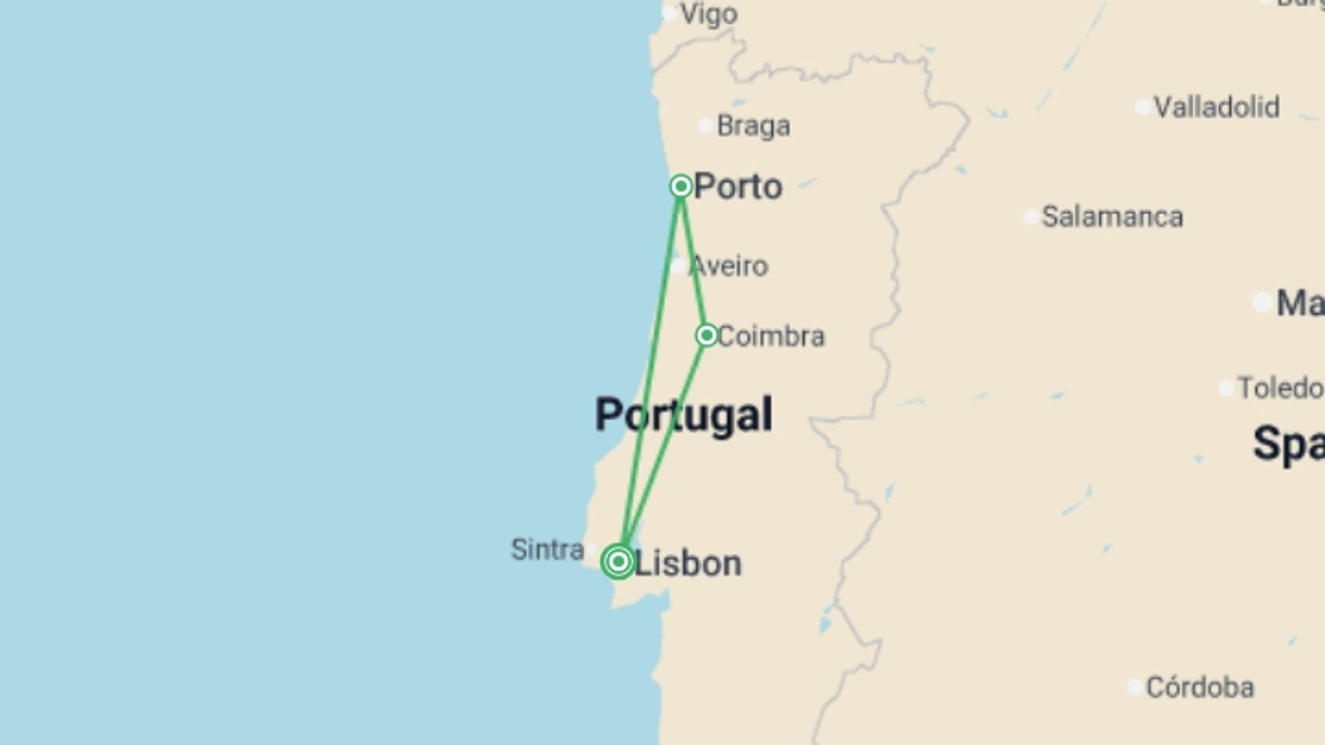 A map showing the tour itinerary for the trip: Northern Portugal, starting in Lisbon, Portugal and ending in Lisbon, Portugal going through 2 other destinations.